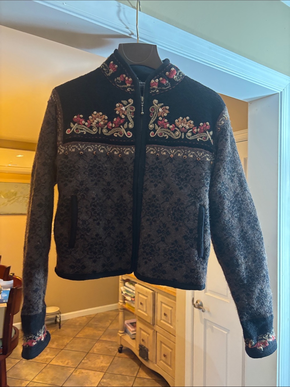 Embroidered Wool-Blend Zip Front Jacket in Charcoal and Black